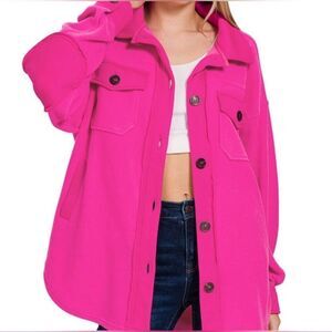 Zenana | Oversized Fleece Shacket Button Up Pockets Magenta Pink | S